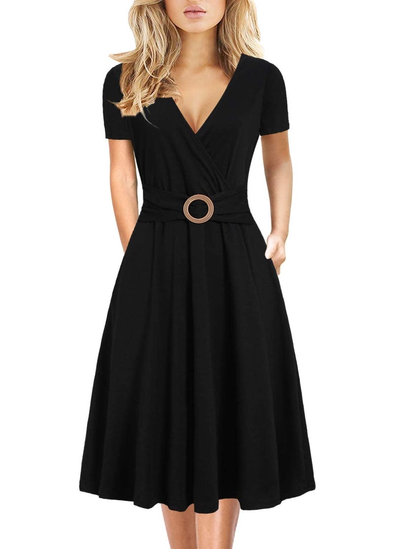 HELYO Fit and Flare Dresses for Woman Faux Wrap Criss-Cross V-Neck Short Sleeve Floral Print Work Casual Party Tea Dress with Pockets 980 Black M - Image 1